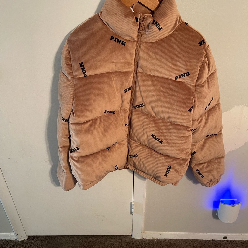 Tan Puffer Jacket with Black Logo